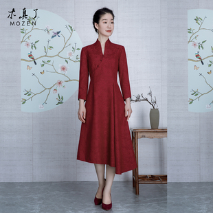 木真了长袖连衣裙宴会喜庆大斜摆V领女士宽松红色旗袍裙209