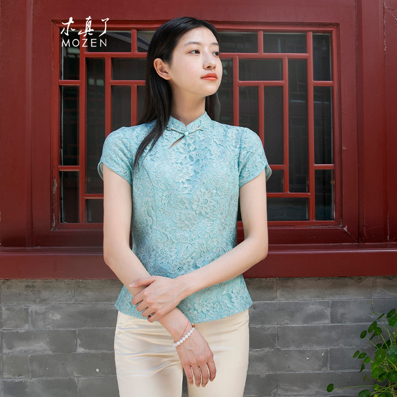 木真了蕾丝提花女士唐装上衣夏季新品镂空花卉薄款透气短半袖901