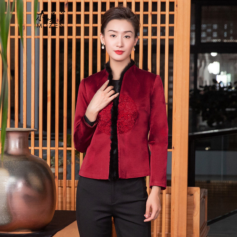 木真了唐装加厚真丝外搭新品花卉刺绣夹棉毛呢保暖短棉服121