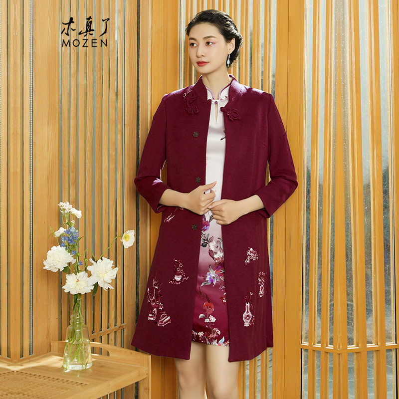 木真了毛呢大衣中长款女中式妈妈装刺绣羊毛外套新品910