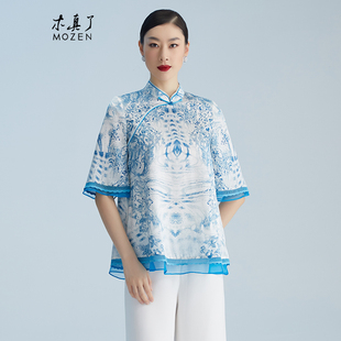 拼接镂空刺绣衬衫 真丝夏装 203 上衣女士新品 木真了桑蚕丝印花唐装