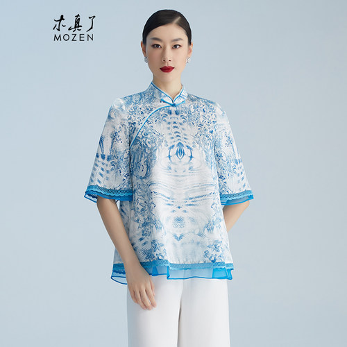 女士真丝夏装拼接镂空刺绣衬衫