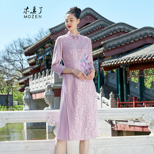 木真了蕾丝刺绣旗袍裙新中式新品A摆复古立领连衣裙964