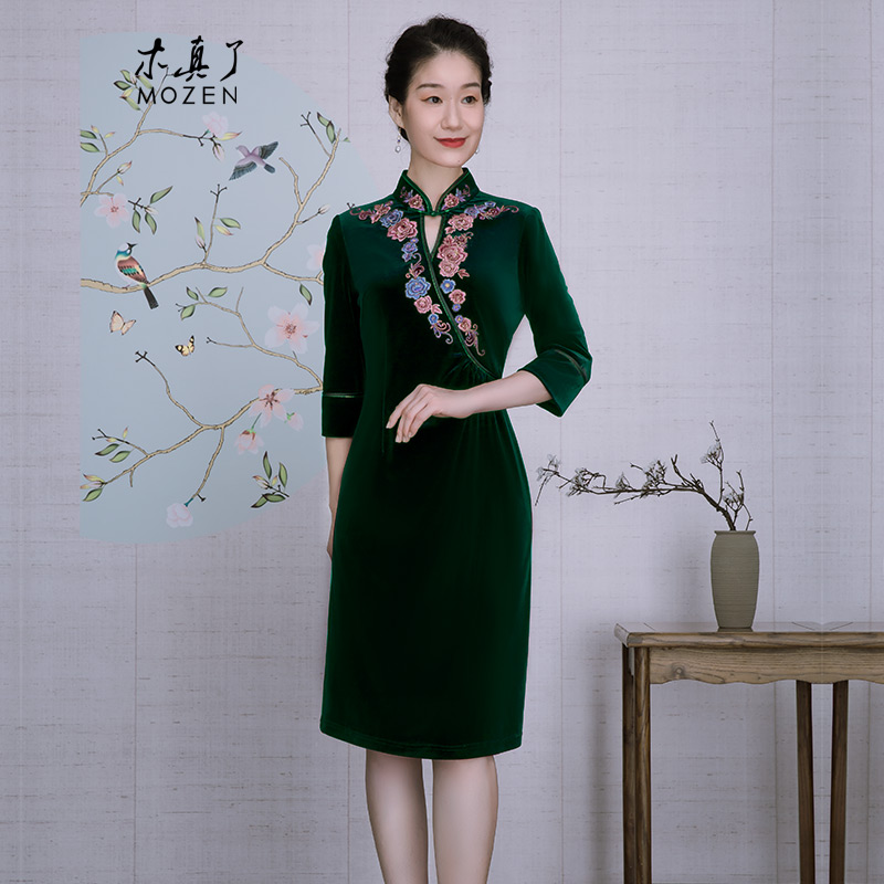 木真了丝绒连衣裙改良妈妈旗袍