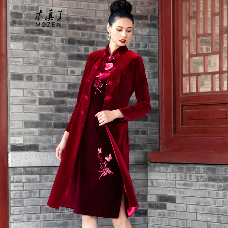 木真了立领凤尾扣中长款风衣外套