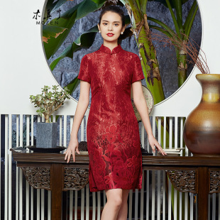 木真了红色旗袍喜妈妈婚礼服新品 提花立领连衣裙112 复古修身
