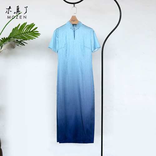 夏季新中式蓝渐变立领印花旗袍