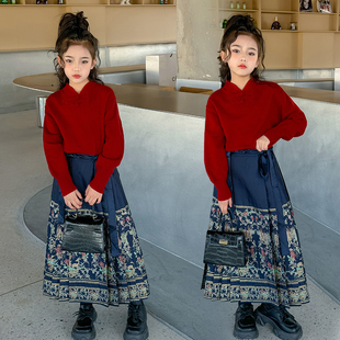 汉服国风两件套 唐装 女童红色毛衣中国风儿童秋冬装 女孩马面裙套装