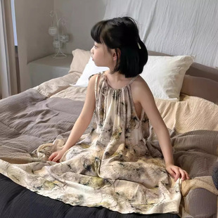 女童连衣裙2024夏款女孩中国风吊带裙儿童真丝长裙民族风裙子汉服