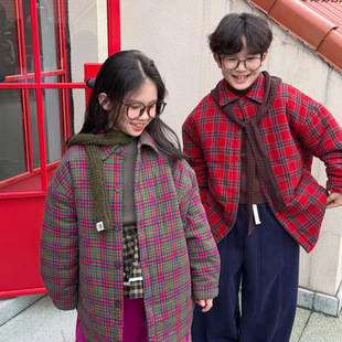 儿童棉服外套2025冬季新款韩版男女童格子加棉衬衫中长款加厚上衣