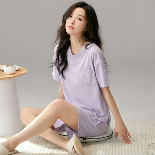 纯棉睡衣女圆领纯色家居服