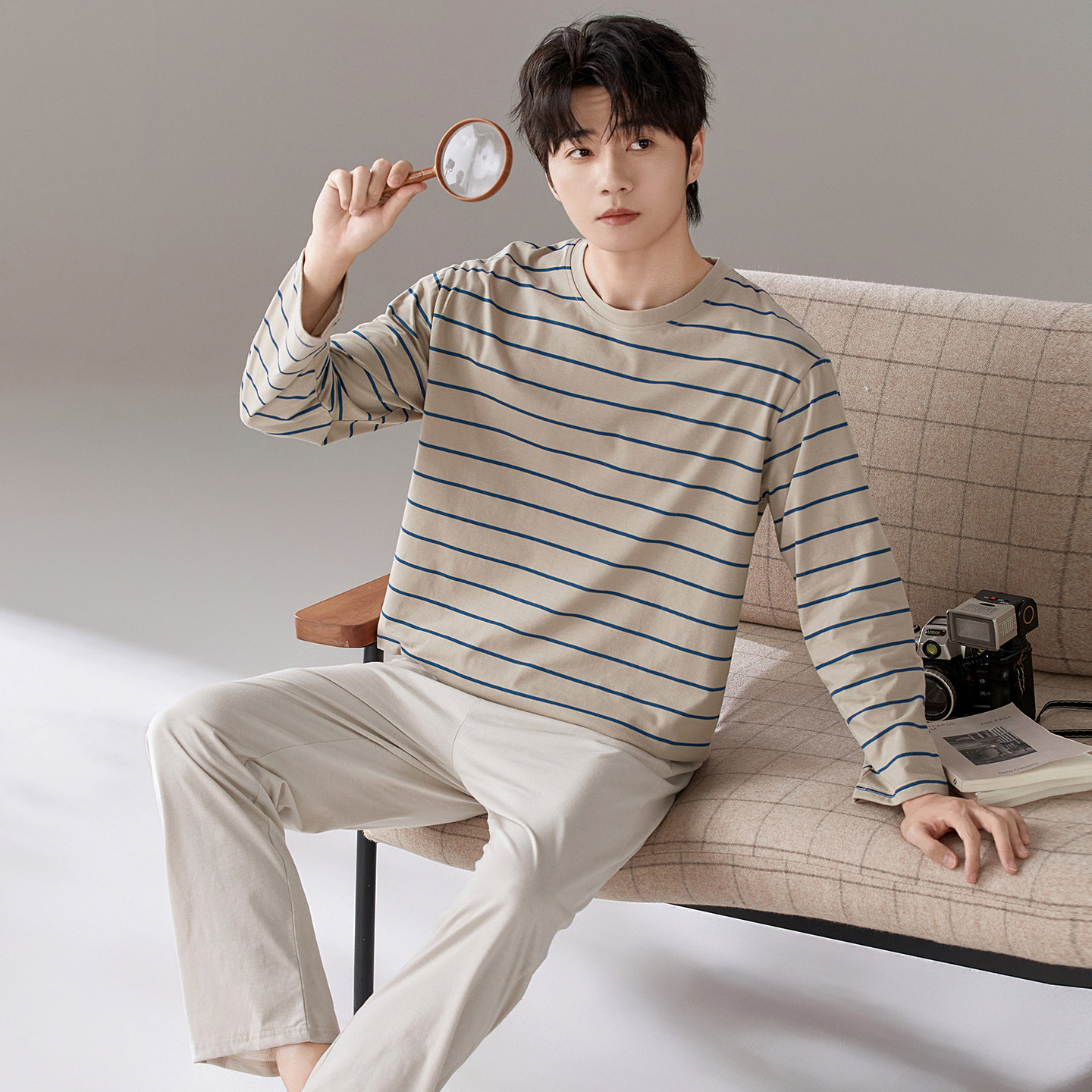 睡衣男春秋季纯棉长袖条纹圆领套头宽松大码休闲青少年家居服套装