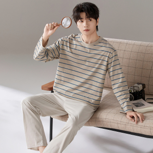 休闲青少年家居服套装 条纹圆领套头宽松大码 纯棉长袖 睡衣男春秋季