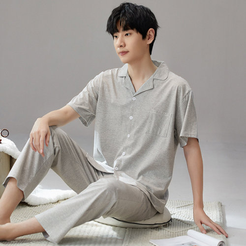 翻领睡衣男纯棉纯色家居服