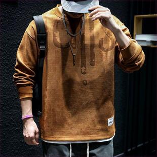 圆领卫衣男设计感麂皮绒美式秋冬季宽松大码百搭休闲运动长袖上衣