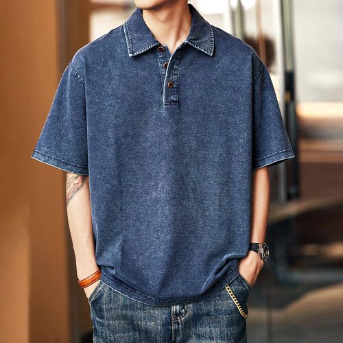 高端美式复古短袖牛仔Polo衫男夏季潮牌宽松大码透气休闲五分T恤