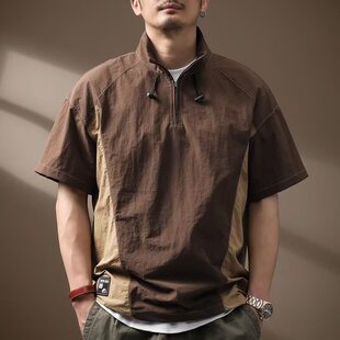夏潮牌机能宽松半拉链衬衫 专柜高端设计轻奢户外速干短袖 T恤男士