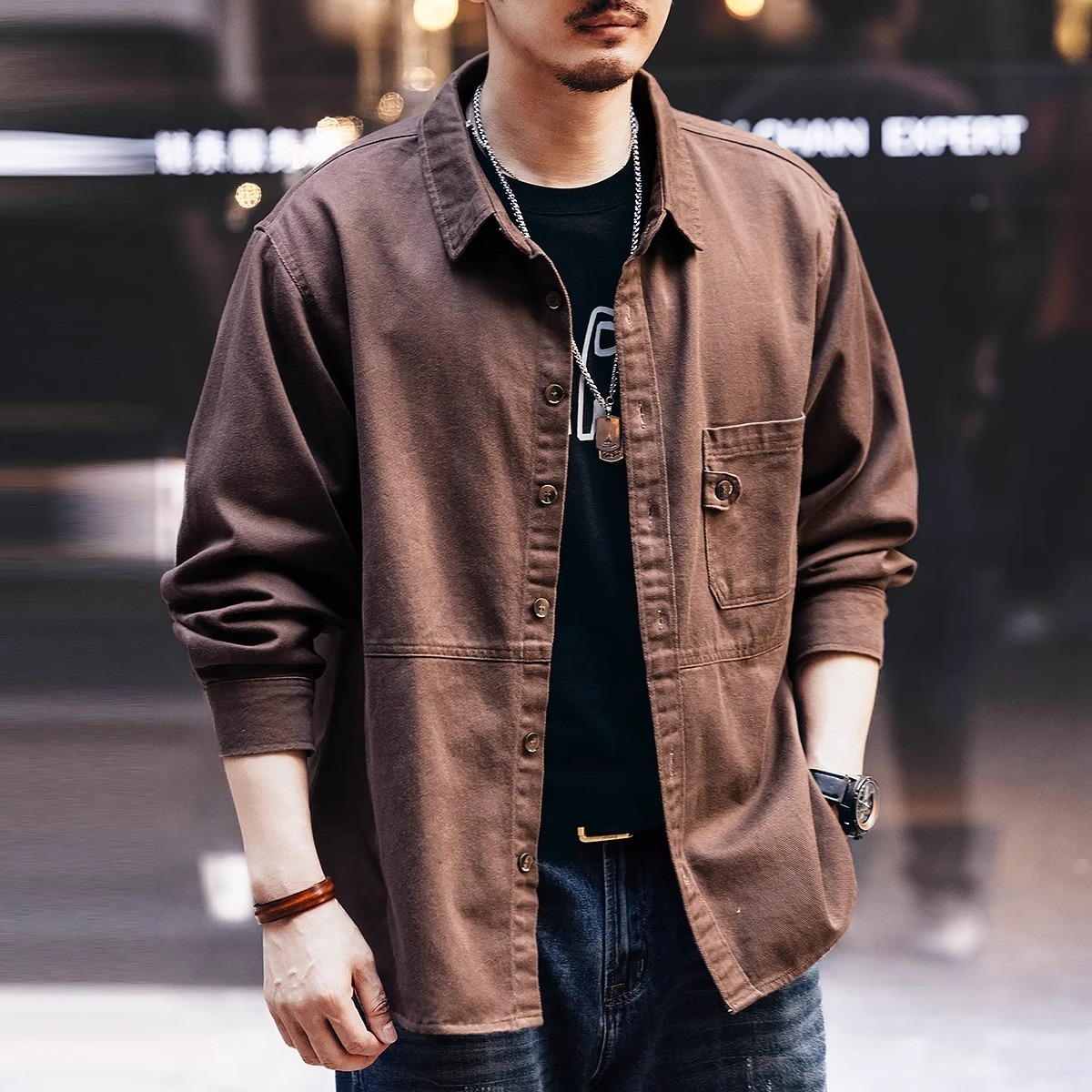 美式高端复古丝光工装衬衫男秋冬季潮牌宽松阿美咔叽夹克男外套