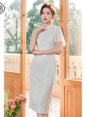 固执夏季新款中式短袖蕾丝修身中长改良旗袍裙30432QP07861