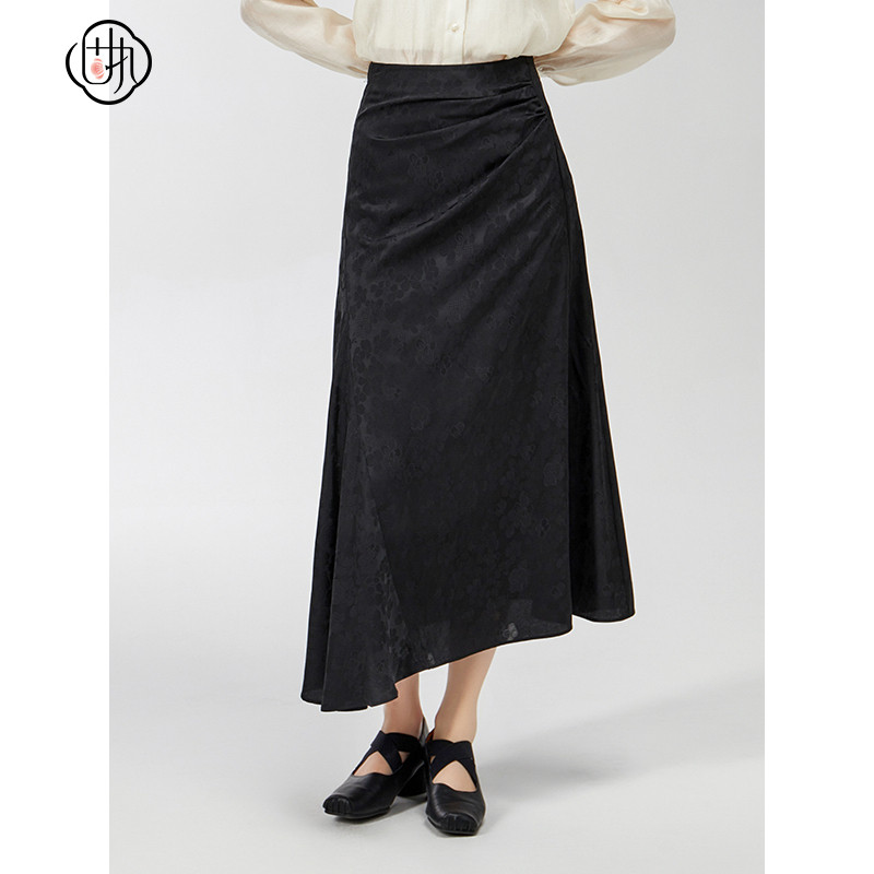 固执春季新款复古气质鱼尾提花褶皱不规则半身裙00041BQ08840