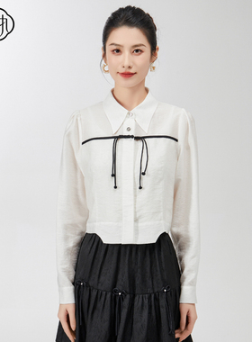 固执春季新款新中式气质翻领泡泡袖长袖短款衬衫10841CS08887