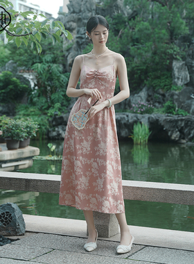 固执夏季新款中式提花中长款背心吊带连衣裙80042LQ09482