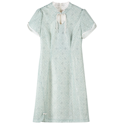 固执夏款蕾丝格子短旗袍