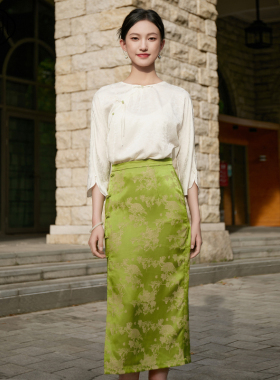 固执夏季新款中式国风盘扣绿色提花开衩中长款显瘦直筒半身裙