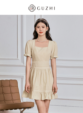 固执夏季新款法式气质方领短袖荷叶边短款连衣裙50832LQ08096