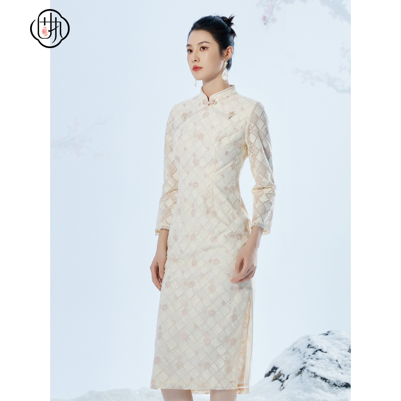 中国风改良中长款旗袍  蕾丝长袖修身连衣裙