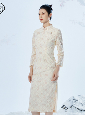 固执秋季新款中式气质蕾丝格子长袖修身改良旗袍80533QP08309