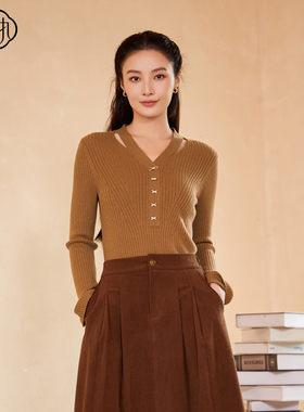 固执秋季新款学院风镂空v领修身显瘦针织衫毛衣90233MY08614