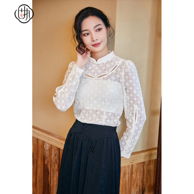 固执秋季新款新中式立领钉珠镂空长袖蕾丝衫上衣10833SY08393