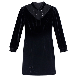 固执春新款中式复古长袖短款黑色丝绒旗袍连衣裙00031QP07758