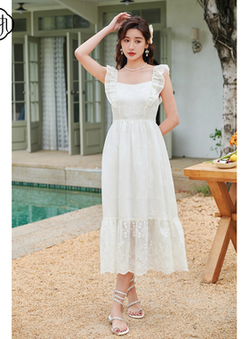 固执夏季新款气质仙女刺绣荷叶边拼接吊带连衣裙80132LQ08022