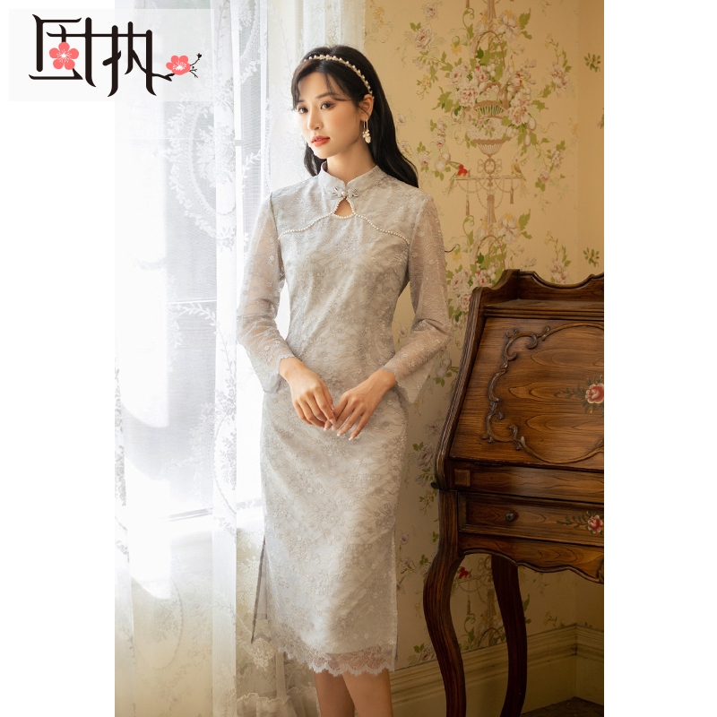 Spring retro lace cheongsam, city style, with embroidery, long sleeve