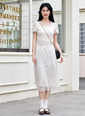 固执夏季新款法式方领泡泡短袖蕾丝中长连衣裙10842LQ09221