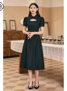 固执夏季新款中式立领镂空泡泡袖提花短袖连衣裙00032LQ08090