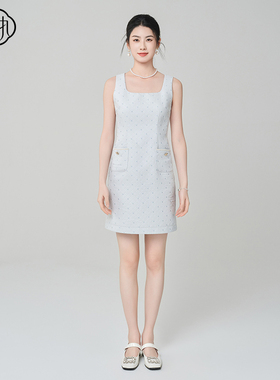 固执夏季新款气质小香风方领提花无袖短款连衣裙32442LQ09005