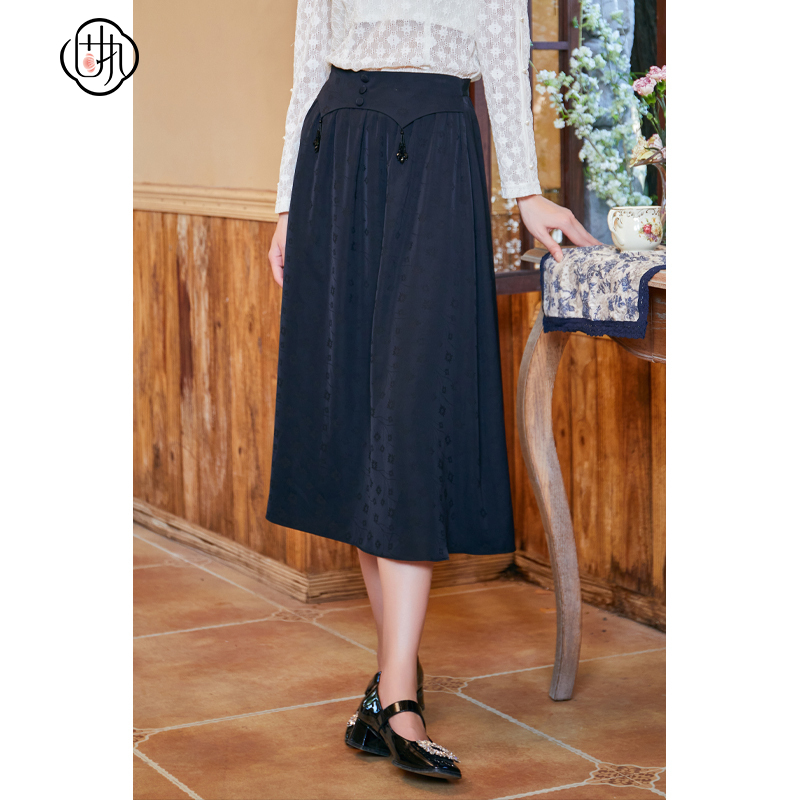 新中式中长款半身裙  气质百搭纯色a字裙