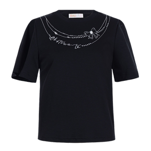 固执夏季新款复古刺绣钉珠简约黑色圆领短袖t恤00032TX08215