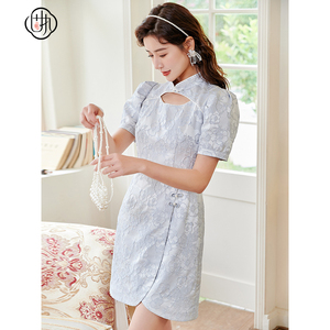 固执夏新款中国风提花短旗袍短袖小个子连衣裙32432QP07862