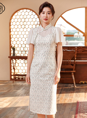 固执夏季新款中国风蕾丝碎花短袖修身改良旗袍裙42632QP08050