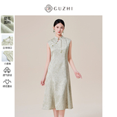 新款 新中式 气质通勤显瘦提花立领无袖 固执夏季 长款 连衣裙女