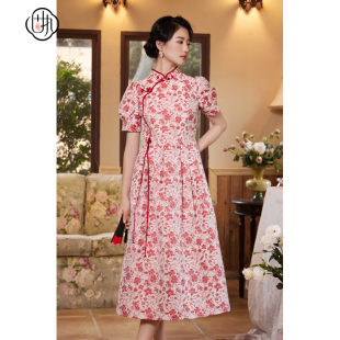 碎花短袖 固执秋季 气质提花泡泡袖 中式 连衣裙20033LQ08312 新款