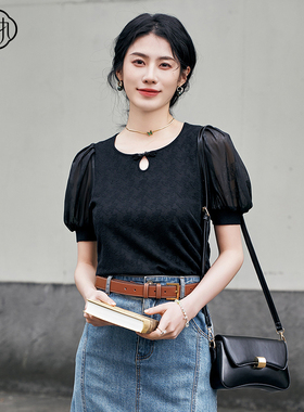 固执夏季新款新中式圆领泡泡袖短款针织衫女装00042MY09329