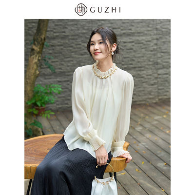 固执法式荷叶边领泡泡袖长袖衬衫