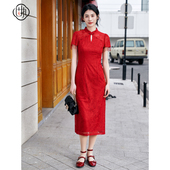 短袖 固执新中式 国风蕾丝中长款 新款 连衣裙红色礼服女 旗袍夏季