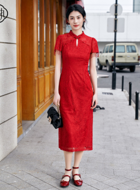 固执新中式旗袍夏季新款国风蕾丝中长款短袖连衣裙红色礼服女