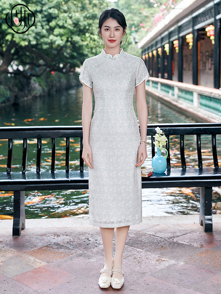 완고한 2024 새로운 여름 스타일 기질 중국 스타일 레이스 반팔 중간 길이 치파오 드레스 42642QP09182